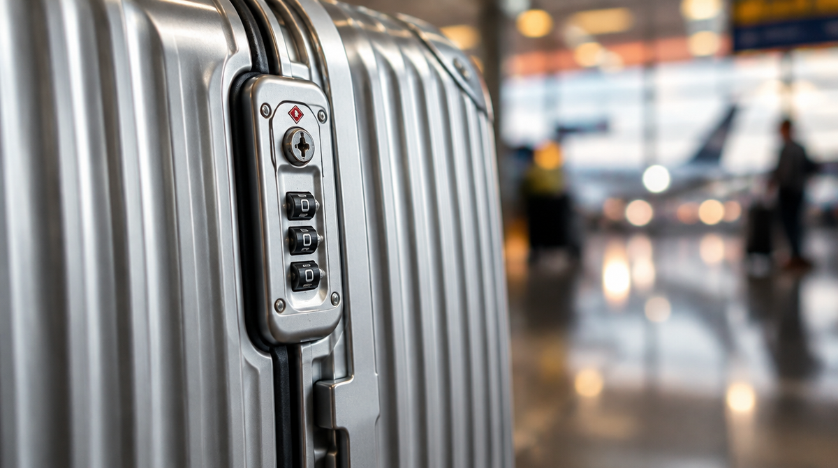 لقطة مقرّبة لقفل TSA الرقمي في حقيبة سفر من الألومنيوم