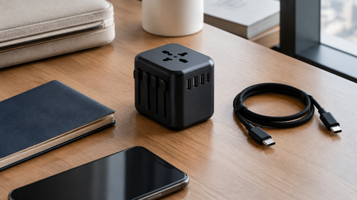 محوّل سفر عالمي وكابلات USB-C على مكتب فندقي بجانب جواز سفر